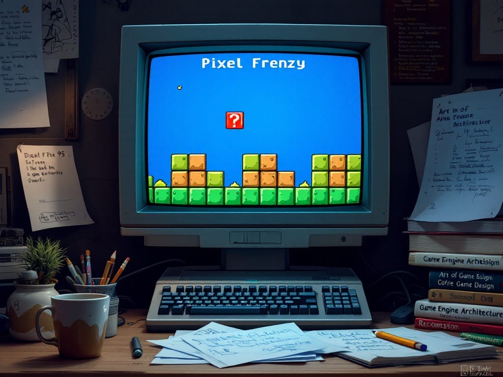 Oportunidades de financiación para desarrolladores de videojuegos en Madrid: Prototipo de videojuego en desarrollo con herramientas creativas.

Caption: