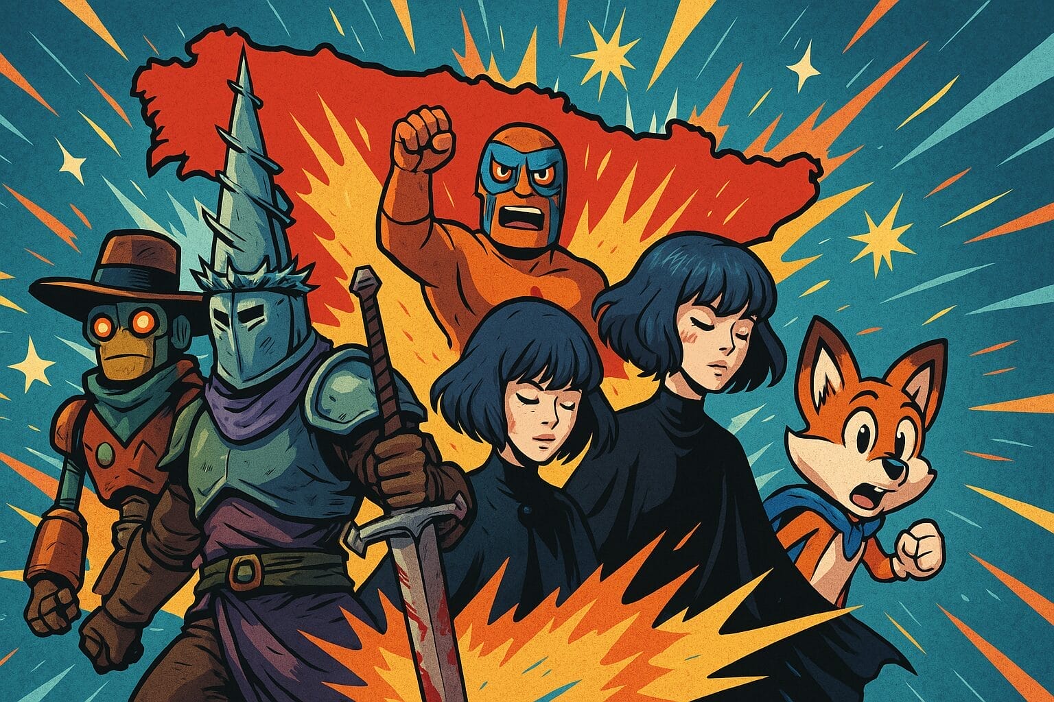 image Industria del Videojuego Española en 2024 -- Una ilustración vibrante estilo cómic mostrando a diversos personajes de videojuegos icónicos españoles (como el Penitente de Blasphemous y la chica de Gris) saliendo de un mapa de España, rodeados de símbolos de creatividad y tecnología (pinceles digitales, código binario), bajo un cielo estrellado.