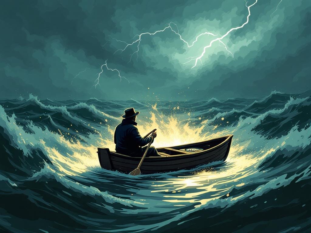Los Pilares del Desarrollo Profesional de Videojuegos - Ilustración estilizada de una persona en un pequeño bote de remos navegando con calma y determinación en un mar tormentoso y caótico. El área inmediata alrededor del bote está iluminada y serena. La persona se enfoca en sus remos y una brújula. Metáfora visual.