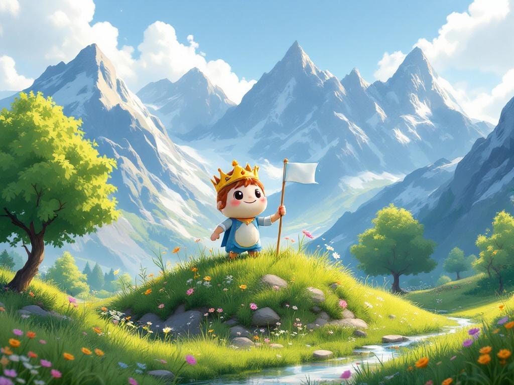 Los Pilares del Desarrollo Profesional de Videojuegos - Un personaje de videojuego encantador y único con una corona, felizmente plantando una bandera en la cima de una colina pequeña y acogedora. A lo lejos, se ven montañas enormes y genéricas con muchas figuras diminutas luchando por subir. Estilo de cuento de hadas, detallado.