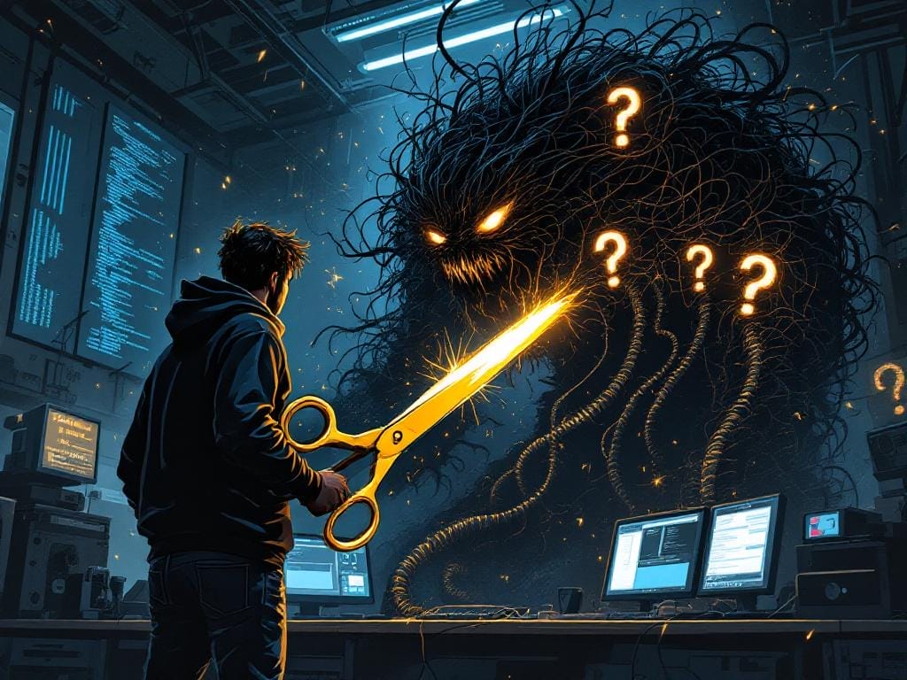 Los Pilares del Desarrollo Profesional de Videojuegos - Un desarrollador de videojuegos valiente, armado con unas tijeras doradas gigantes (simbolizando la simplificación), enfrentándose a un monstruo sombrío y enredado hecho de cables, código desordenado y signos de interrogación, etiquetado 'Scope Creep'. El desarrollador está cortando activamente los tentáculos del monstruo. Tono dramático pero empoderador.