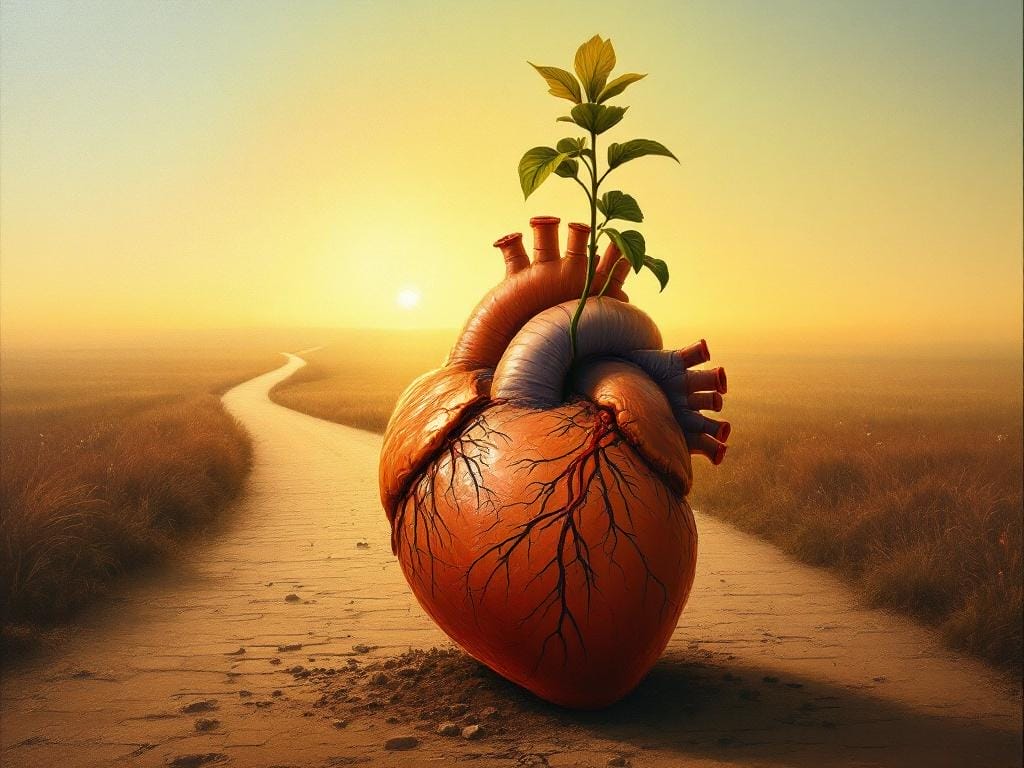 Los Pilares del Desarrollo Profesional de Videojuegos - Un corazón humano anatómicamente correcto del que brota una planta robusta y brillante que se eleva hacia el cielo. El corazón representa la pasión, la planta la perseverancia y el crecimiento. Fondo de un camino largo que se extiende hacia un horizonte prometedor. Estilo surrealista y emotivo.