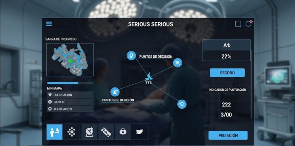 Gamificación vs. Videojuegos Serios -- Ilustración de la interfaz de un videojuego serio con elementos como barra de progreso, puntos de decisión y medidor de resultados, ambientado en un escenario de simulación.