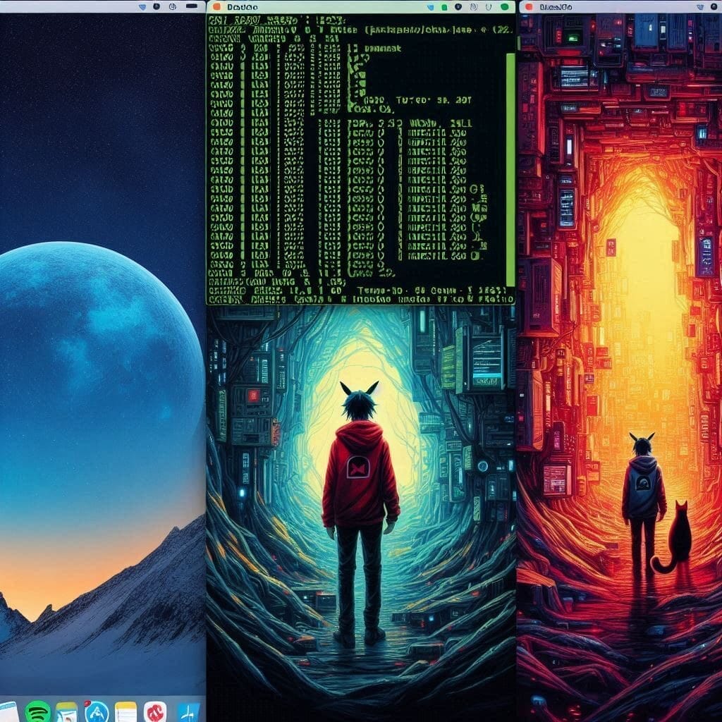 A triptych showing side-by-side screenshots of Windows, Linux, and macOS desktops, each with a terminal window open displaying system information.
